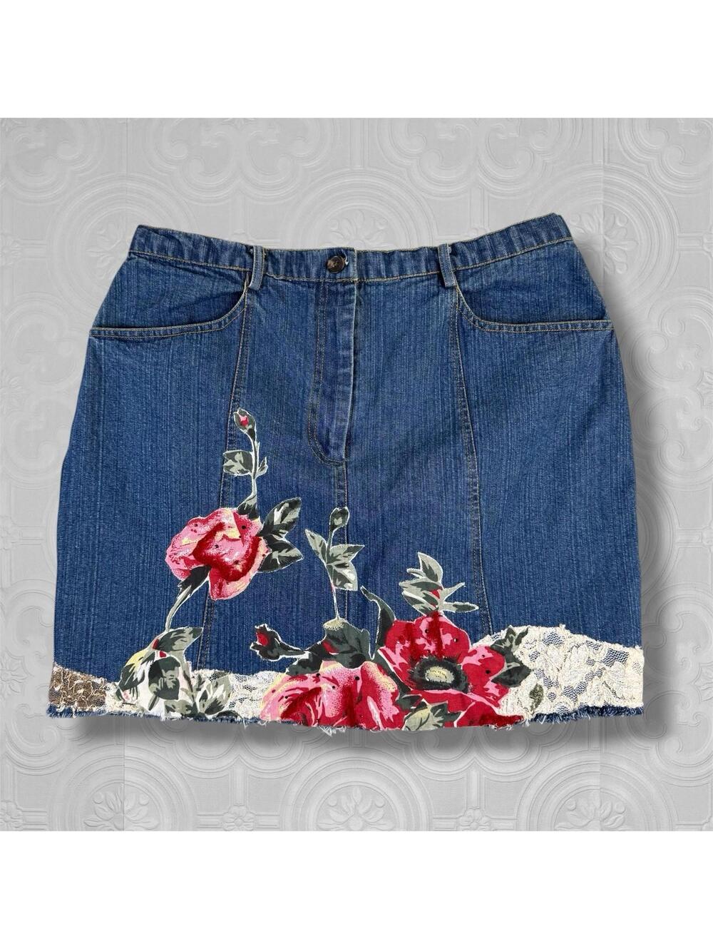 Vintage Monroe & Main Denim Mini Skirt Womens XL Floral Lace Embellished Y2K